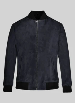 Dark Blue Suede Bomber Jacket