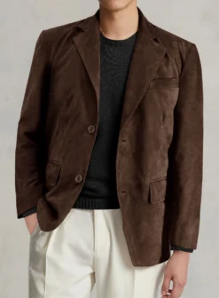 Dark Brown Suede Leather Blazer -Studiosuits Shop darkbrownsuedeleatherblazerlook 2