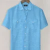 European Blue Linen Western Style Shirt