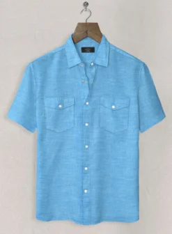 European Blue Linen Western Style Shirt