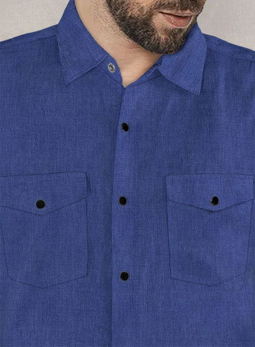European Cruise Blue Linen Western Style Shirt 2 European Cruise Blue Linen Western Style Shirt - Image 2