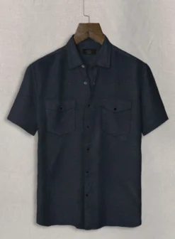 European Dark Blue Linen Western Style Shirt