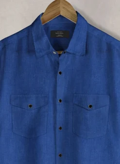 European Sapphire Blue Linen Western Style Shirt -Studiosuits Shop europsapphirebluelinweststyleshirtlk 2