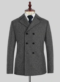 Harris Tweed Charcoal Chevron Pea Coat