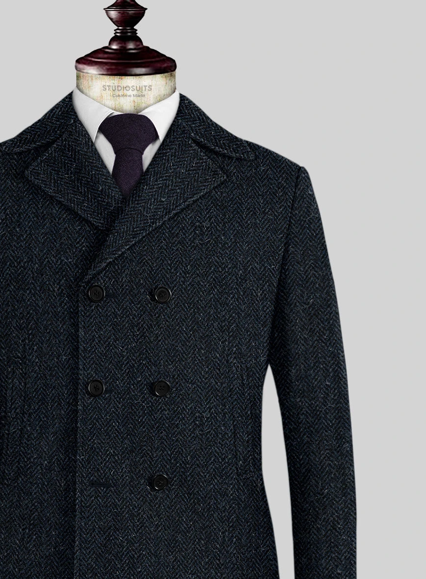 Harris Tweed Dark Blue Herringbone Pea Coat 2 Harris Tweed Dark Blue Herringbone Pea Coat - Image 2