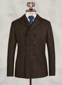 Harris Tweed Dark Brown Herringbone Pea Coat
