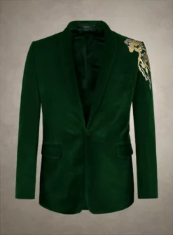 Lion Embroidery Green Velvet Blazer