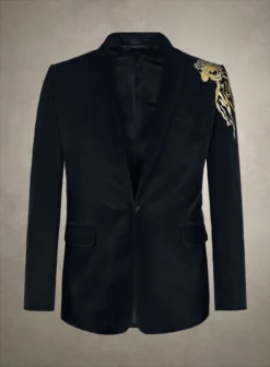 Lion Embroidery Blue Velvet Blazer