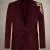 Lion Embroidery Wine Velvet Blazer