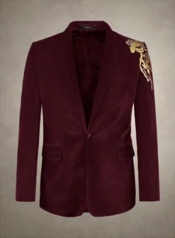 Lion Embroidery Wine Velvet Blazer