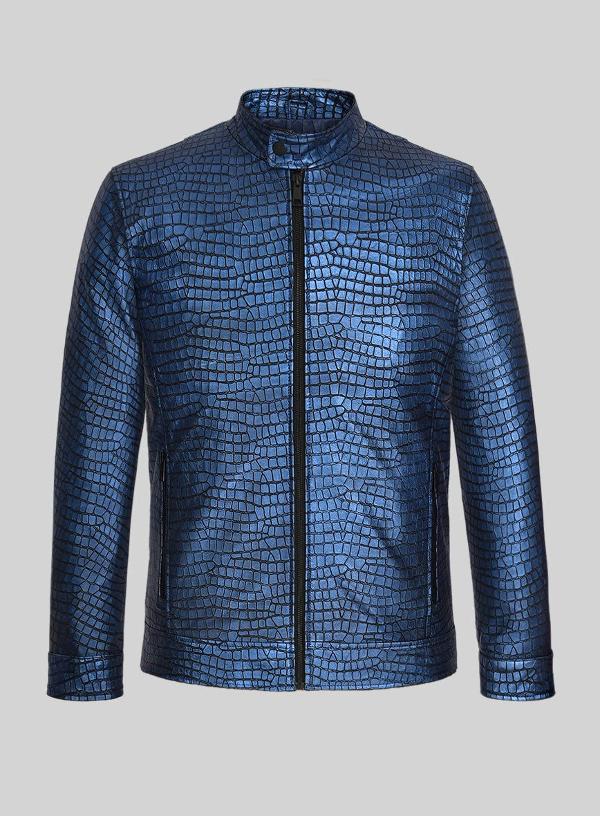 Lustrous Croc Metallic Blue Leather Jacket 1 Lustrous Croc Metallic Blue Leather Jacket