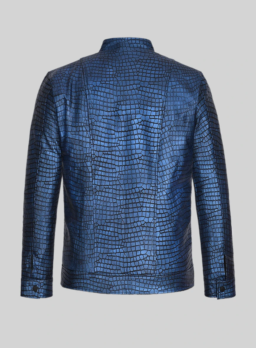 Lustrous Croc Metallic Blue Leather Jacket 3 Lustrous Croc Metallic Blue Leather Jacket - Image 3