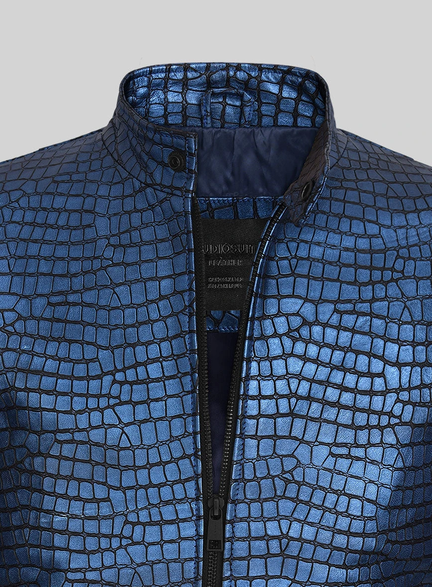 Lustrous Croc Metallic Blue Leather Jacket 2 Lustrous Croc Metallic Blue Leather Jacket - Image 2