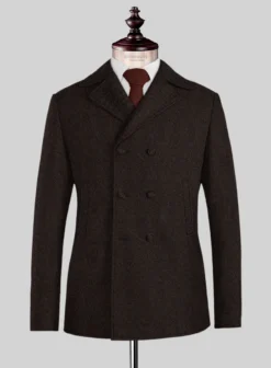 Naples Wide Herringbone Dark Brown Tweed Pea Coat