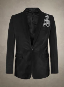 Silver Seahorse Embroidery Velvet Blazer