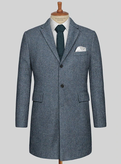 Vintage Herringbone Blue Tweed Overcoat 1 Vintage Herringbone Blue Tweed Overcoat