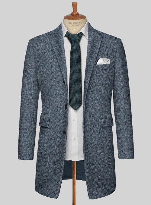 Vintage Herringbone Blue Tweed Overcoat 3 Vintage Herringbone Blue Tweed Overcoat - Image 3